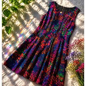 Ellen Tracy Colorful Abstract Fit & Flare Dress Medium Sleeveless Vibran